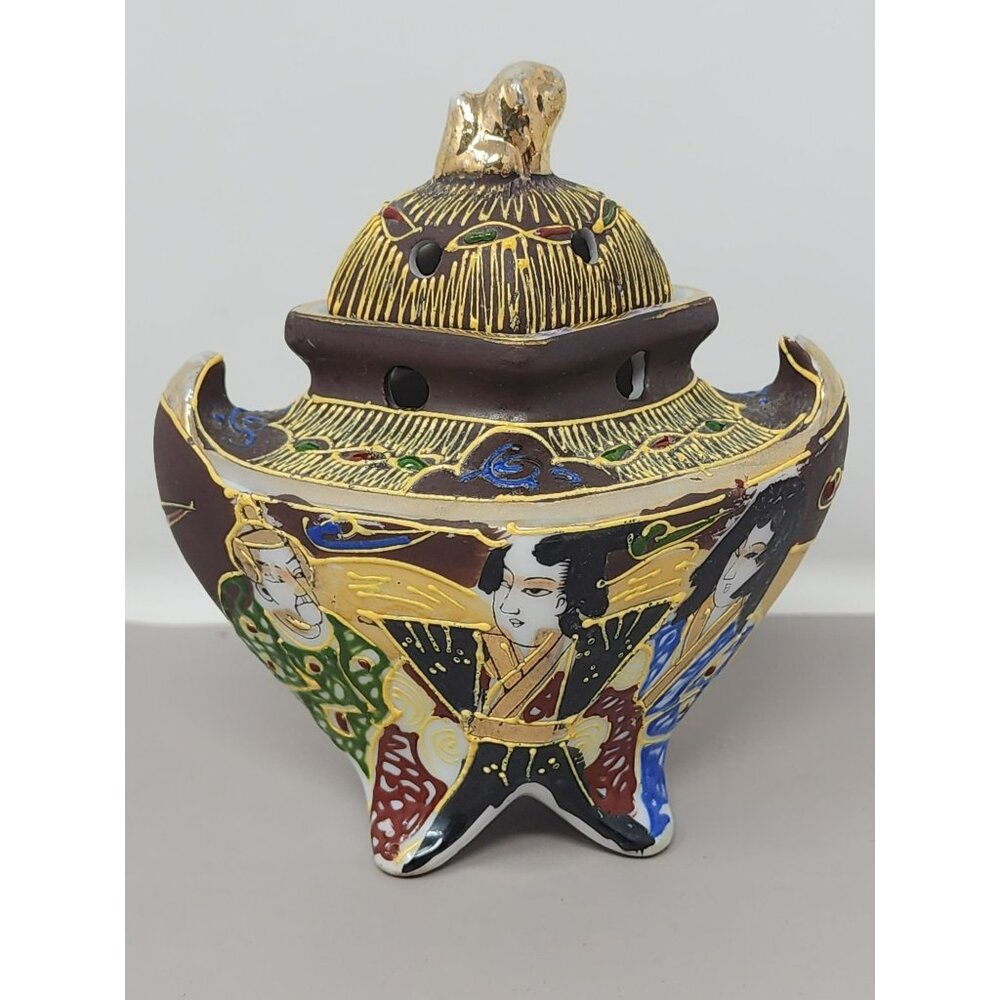 Vintage Japanese Foo Dog Incense‎ Burner Miniature Footed Gold and Moriage